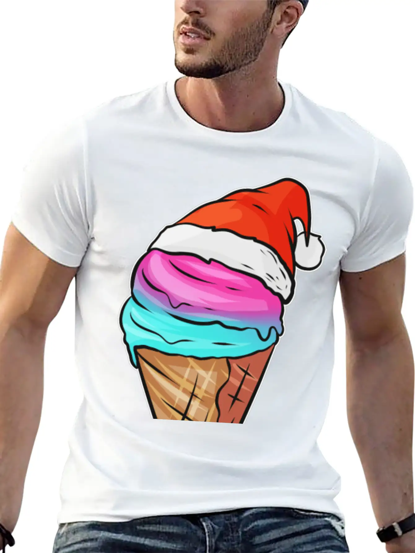 Ice Cream Cone With Ice Cream And Santas Hat For Breathable Graphic T-Shirt – Perfect For Casual Days