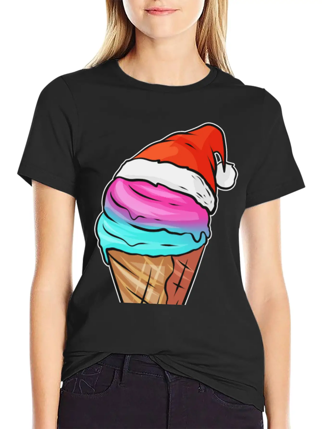 Ice Cream Cone With Ice Cream And Santas Hat For Breathable Graphic T-Shirt – Perfect For Casual Days