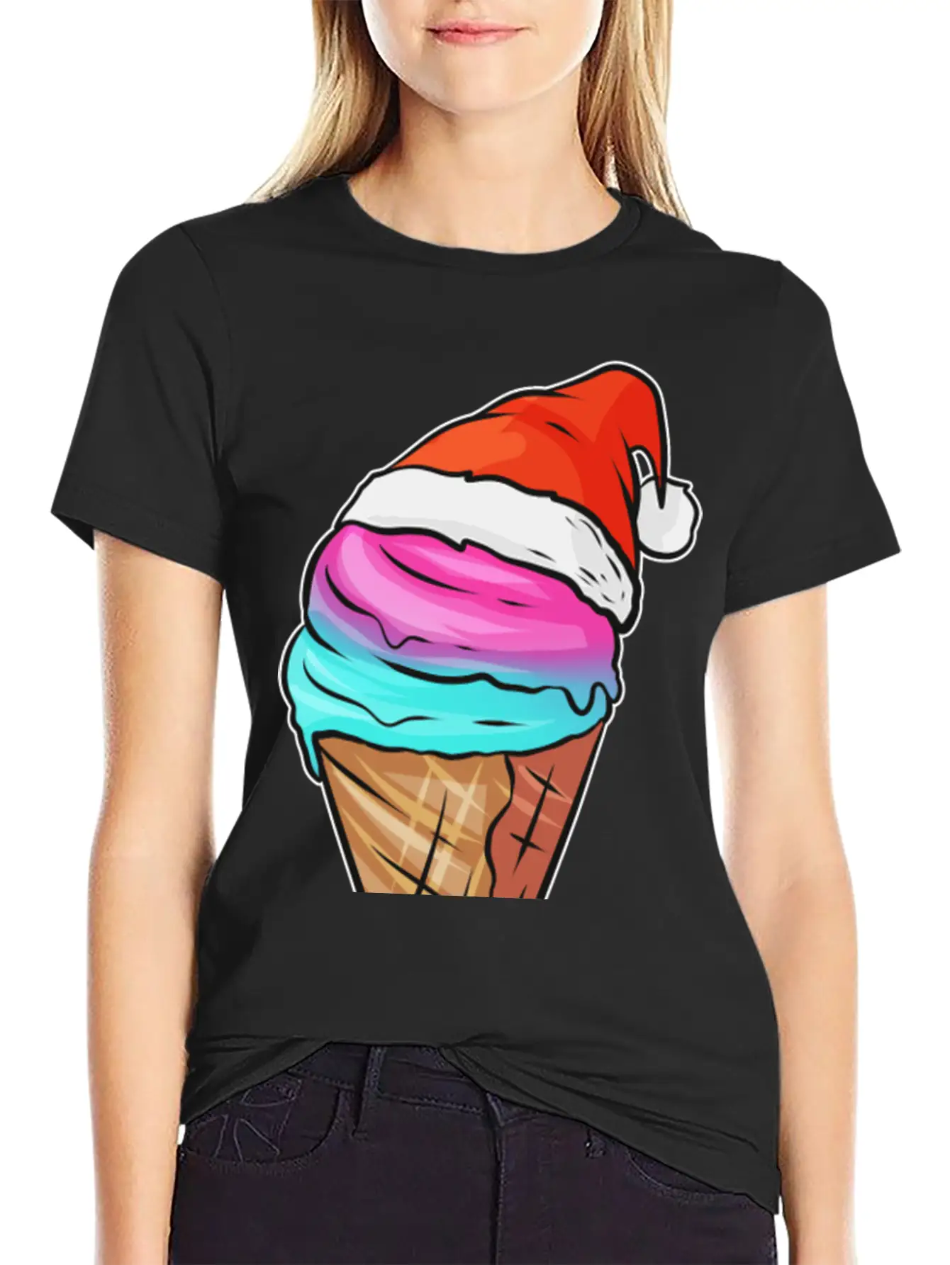 Ice Cream Cone With Ice Cream And Santas Hat For Breathable Graphic T-Shirt – Perfect For Casual Days