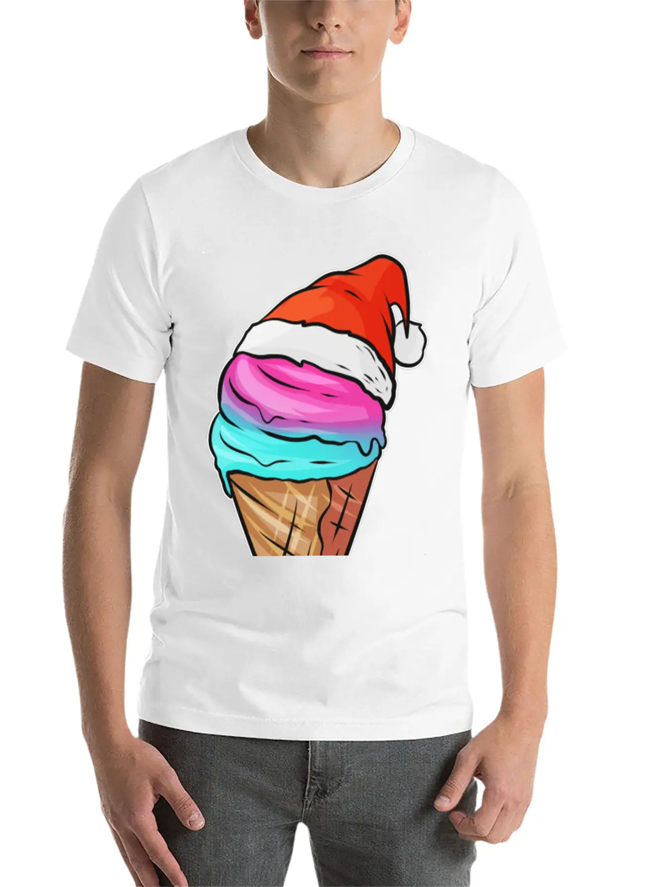 Ice Cream Cone With Ice Cream And Santas Hat For Breathable Graphic T-Shirt – Perfect For Casual Days