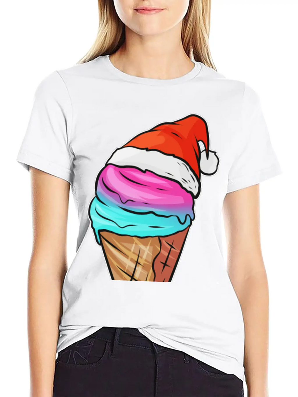 Ice Cream Cone With Ice Cream And Santas Hat For Breathable Graphic T-Shirt – Perfect For Casual Days