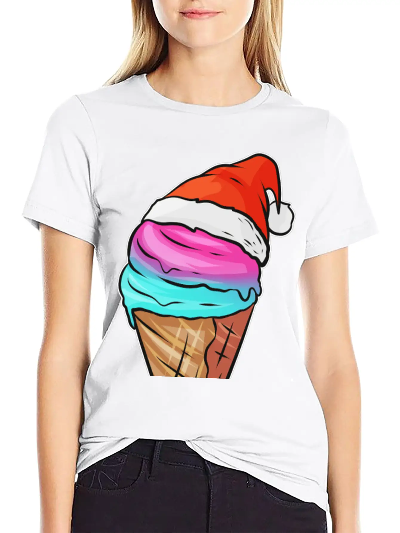Ice Cream Cone With Ice Cream And Santas Hat For Breathable Graphic T-Shirt – Perfect For Casual Days
