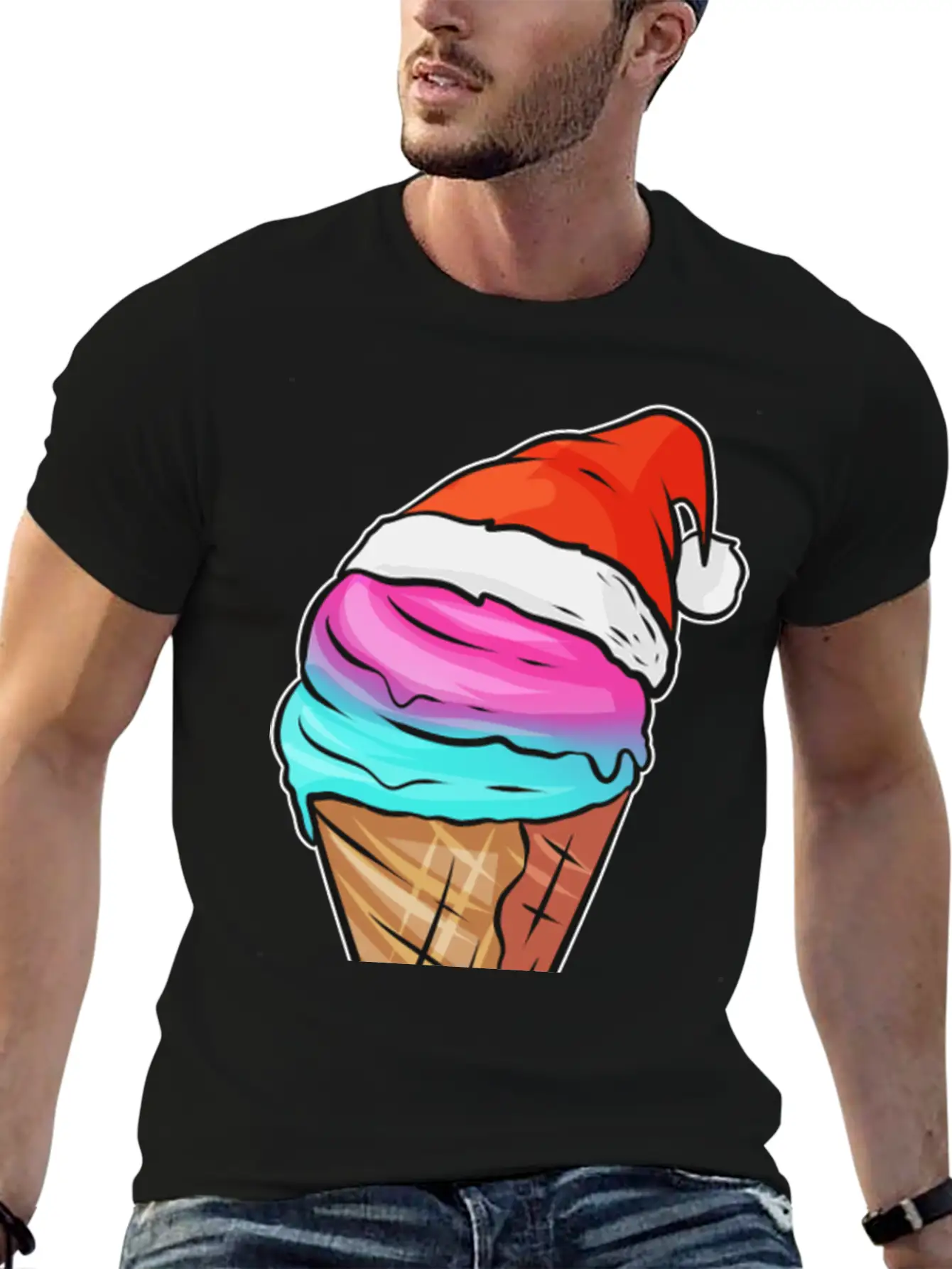 Ice Cream Cone With Ice Cream And Santas Hat For Breathable Graphic T-Shirt – Perfect For Casual Days