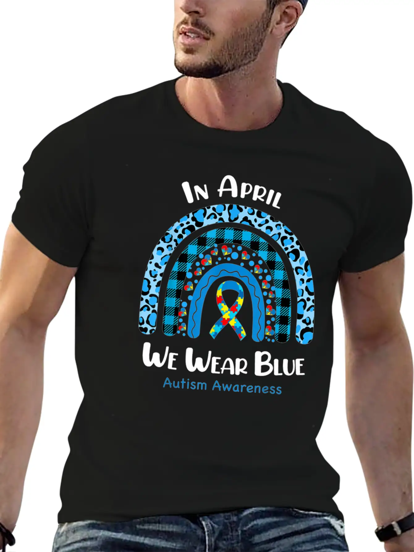 In April We Wear Blue Autism Awareness Breathable Graphic T-Shirt – Perfect For Casual Days