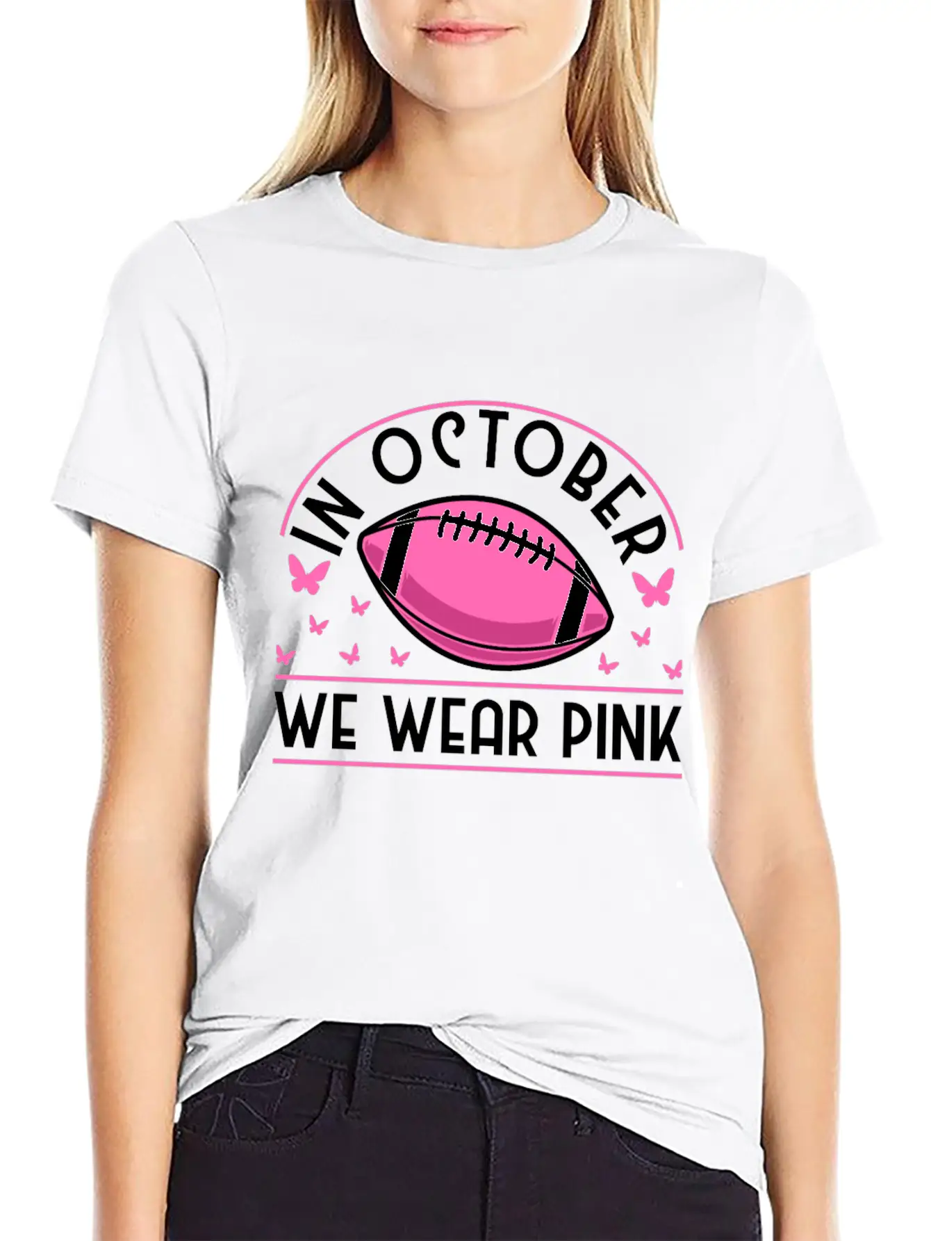 In October We Wear Pink Football Breast Cancer Classic Cotton Tee – Unisex Comfort For Any Season