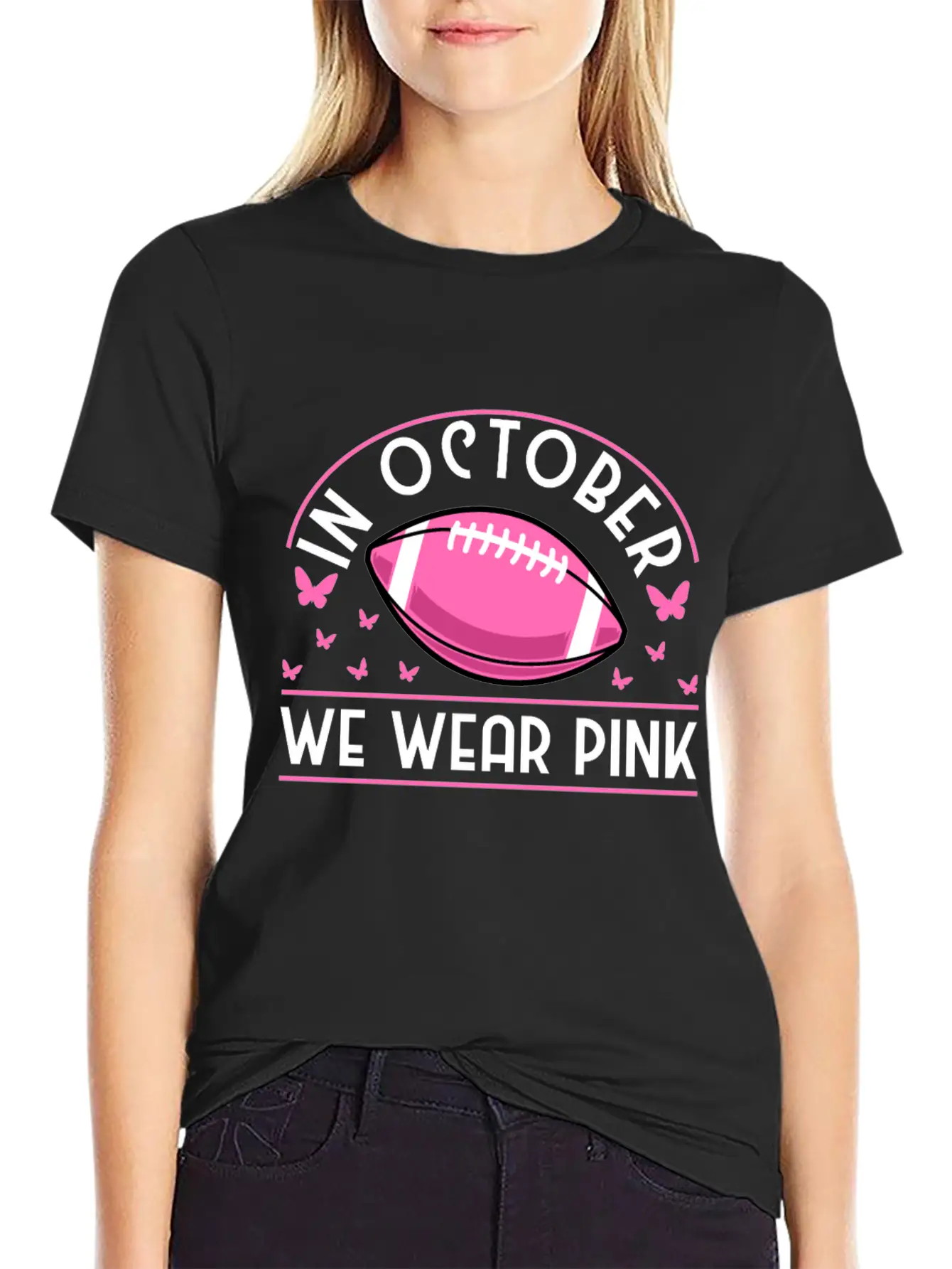In October We Wear Pink Football Breast Cancer Classic Cotton Tee – Unisex Comfort For Any Season