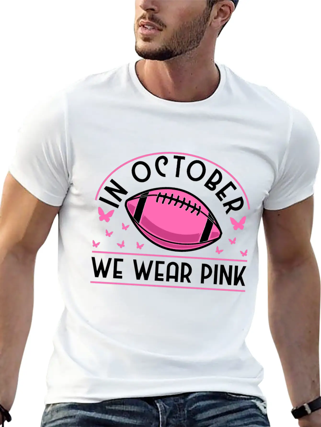 In October We Wear Pink Football Breast Cancer Classic Cotton Tee – Unisex Comfort For Any Season