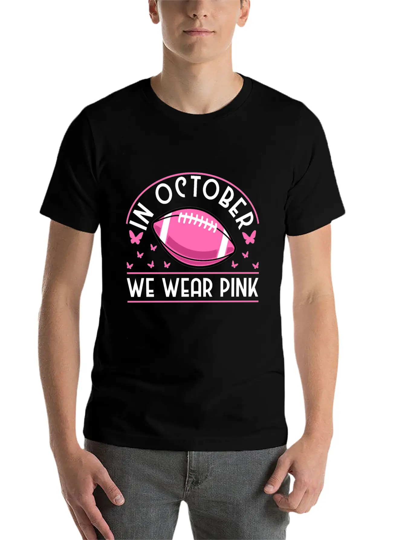 In October We Wear Pink Football Breast Cancer Classic Cotton Tee – Unisex Comfort For Any Season