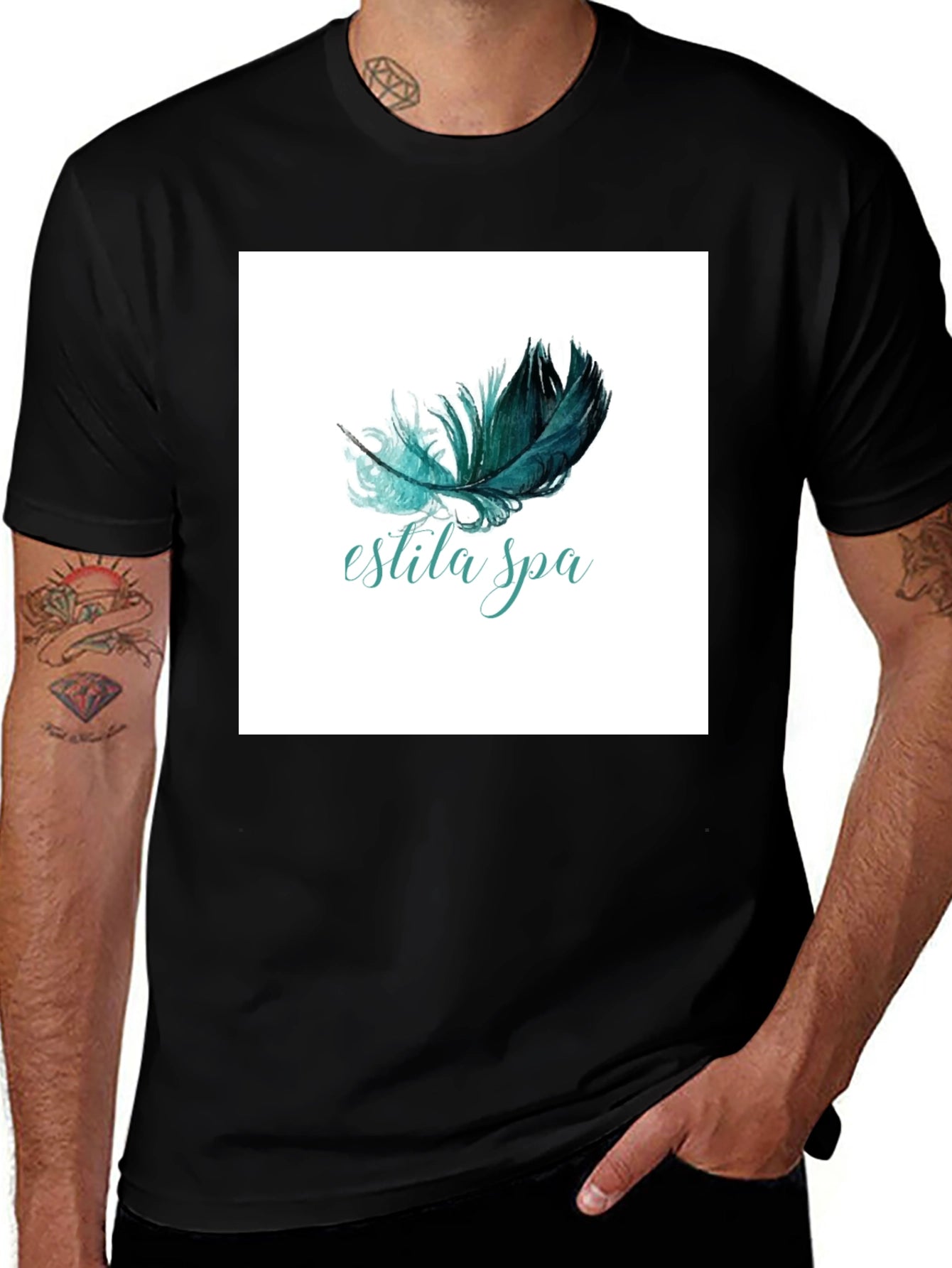 Estila Spa Black T-Shirt Feather Graphic