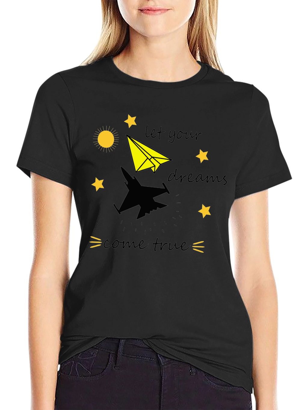 Dream True Black T-Shirt: Paper Airplane & Jet