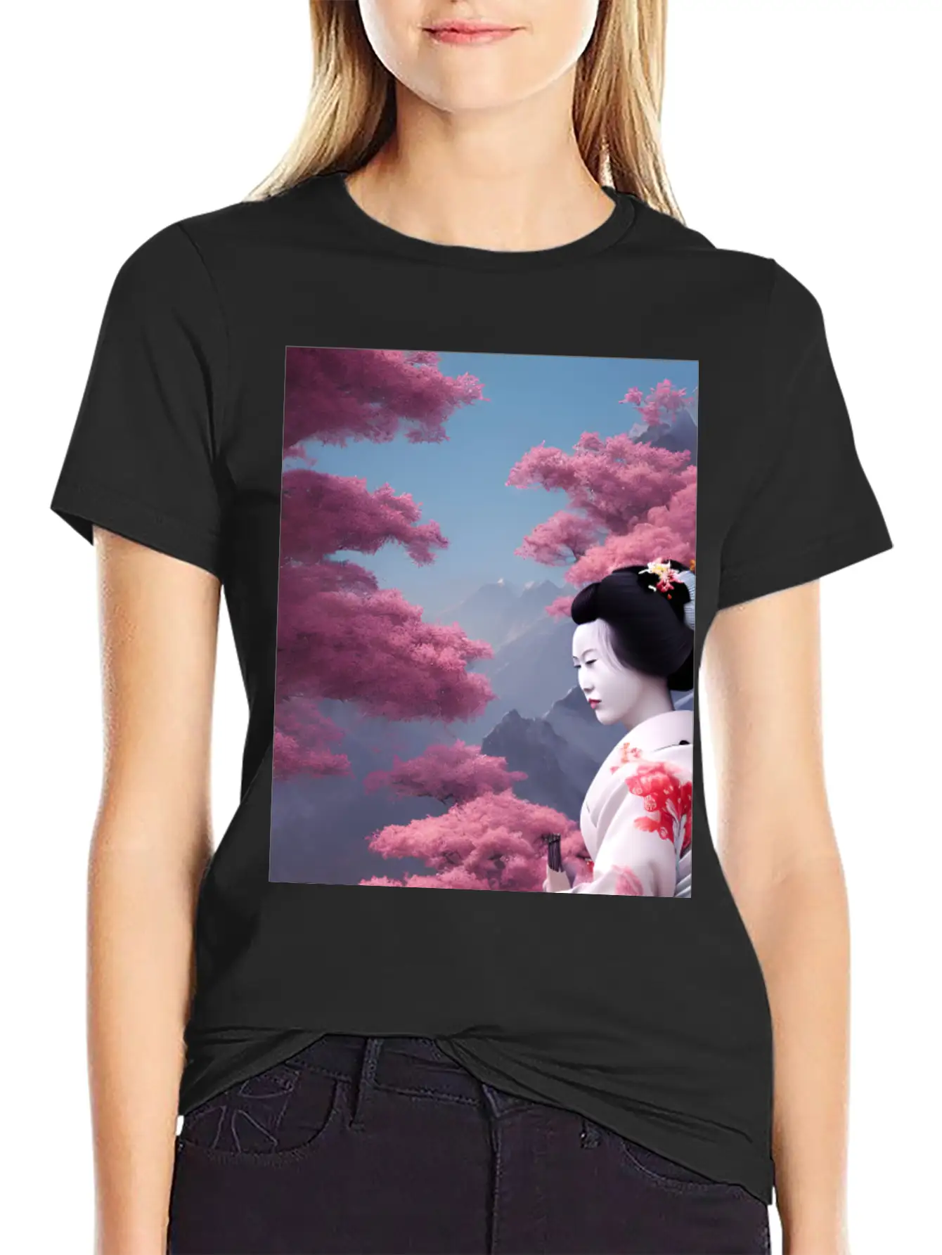 Japan Geisha Woman With Sakura Blossoms JAPAN ART Timeless Short Sleeve Tee – Comfy And Minimalist Design
