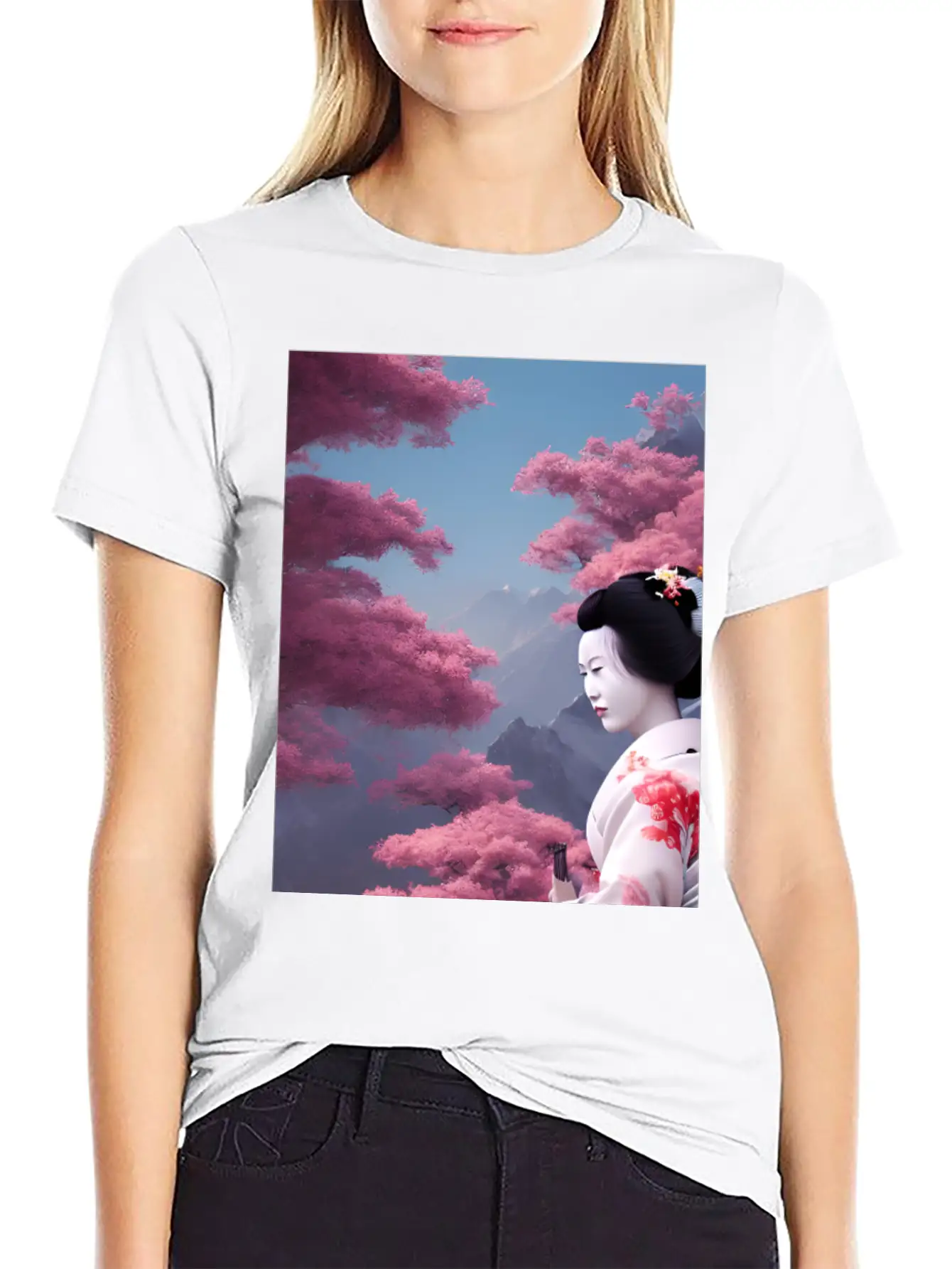Japan Geisha Woman With Sakura Blossoms JAPAN ART Timeless Short Sleeve Tee – Comfy And Minimalist Design