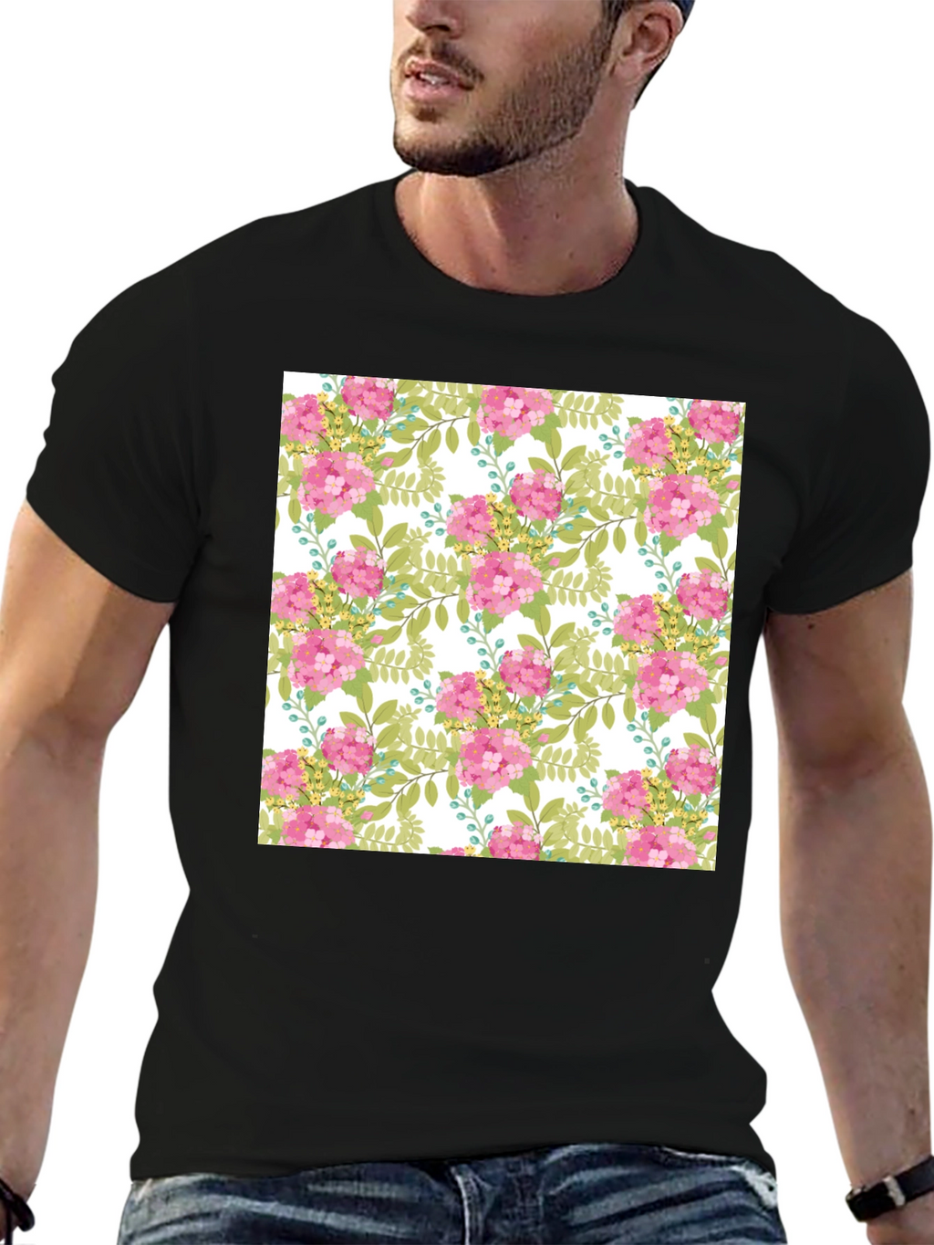 Floral Pattern Black T-Shirt
