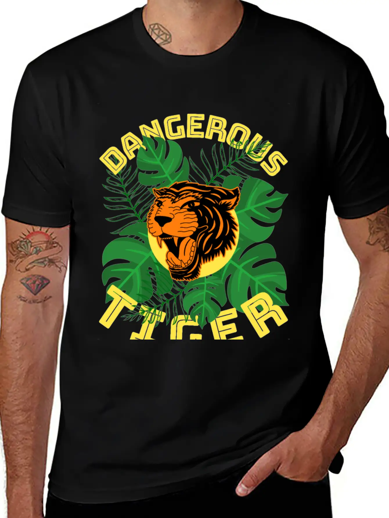 Jungle Tiger Dangerous Animal Leaves Gift Breathable Graphic T-Shirt – Perfect For Casual Days