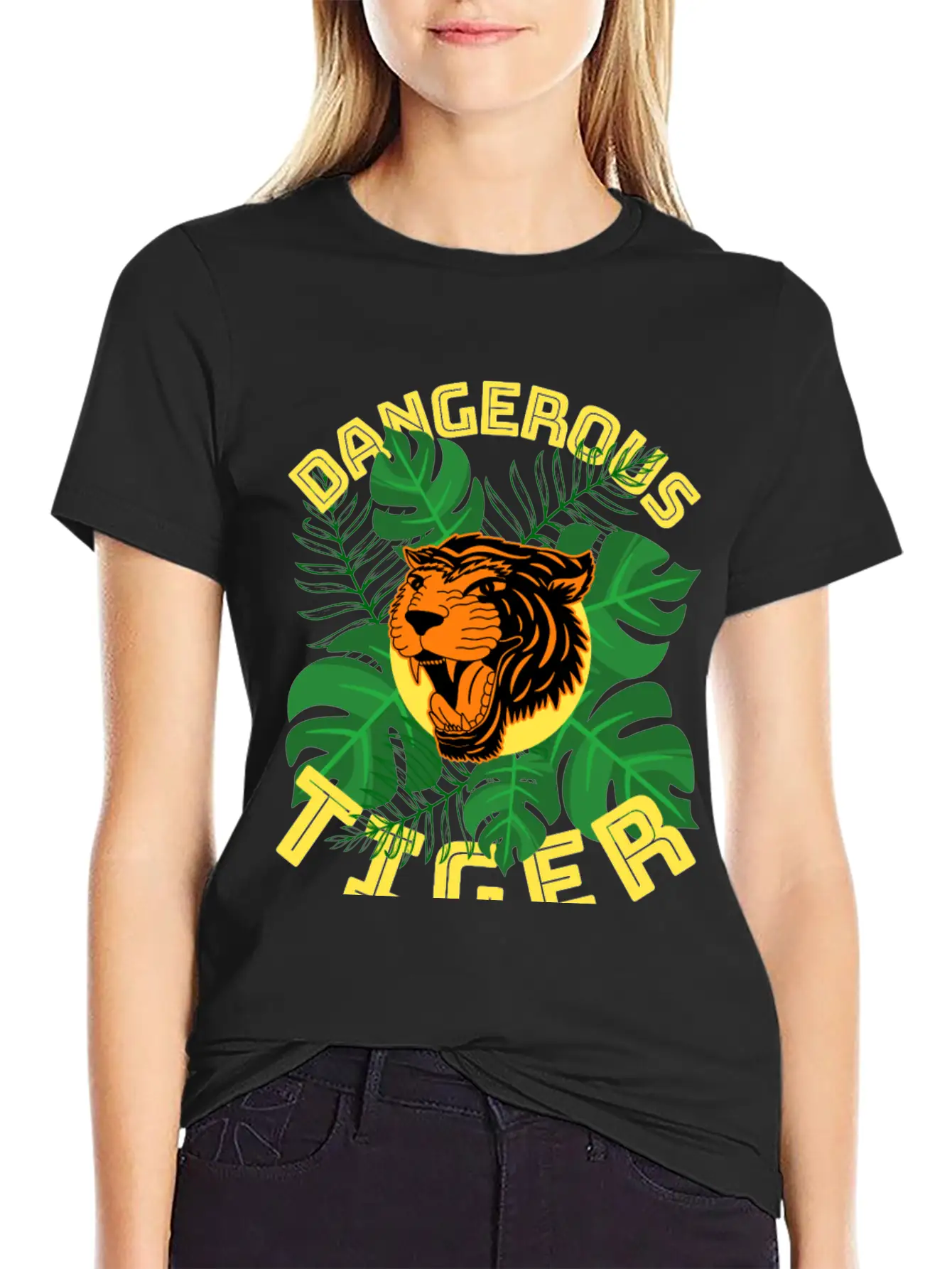 Jungle Tiger Dangerous Animal Leaves Gift Breathable Graphic T-Shirt – Perfect For Casual Days