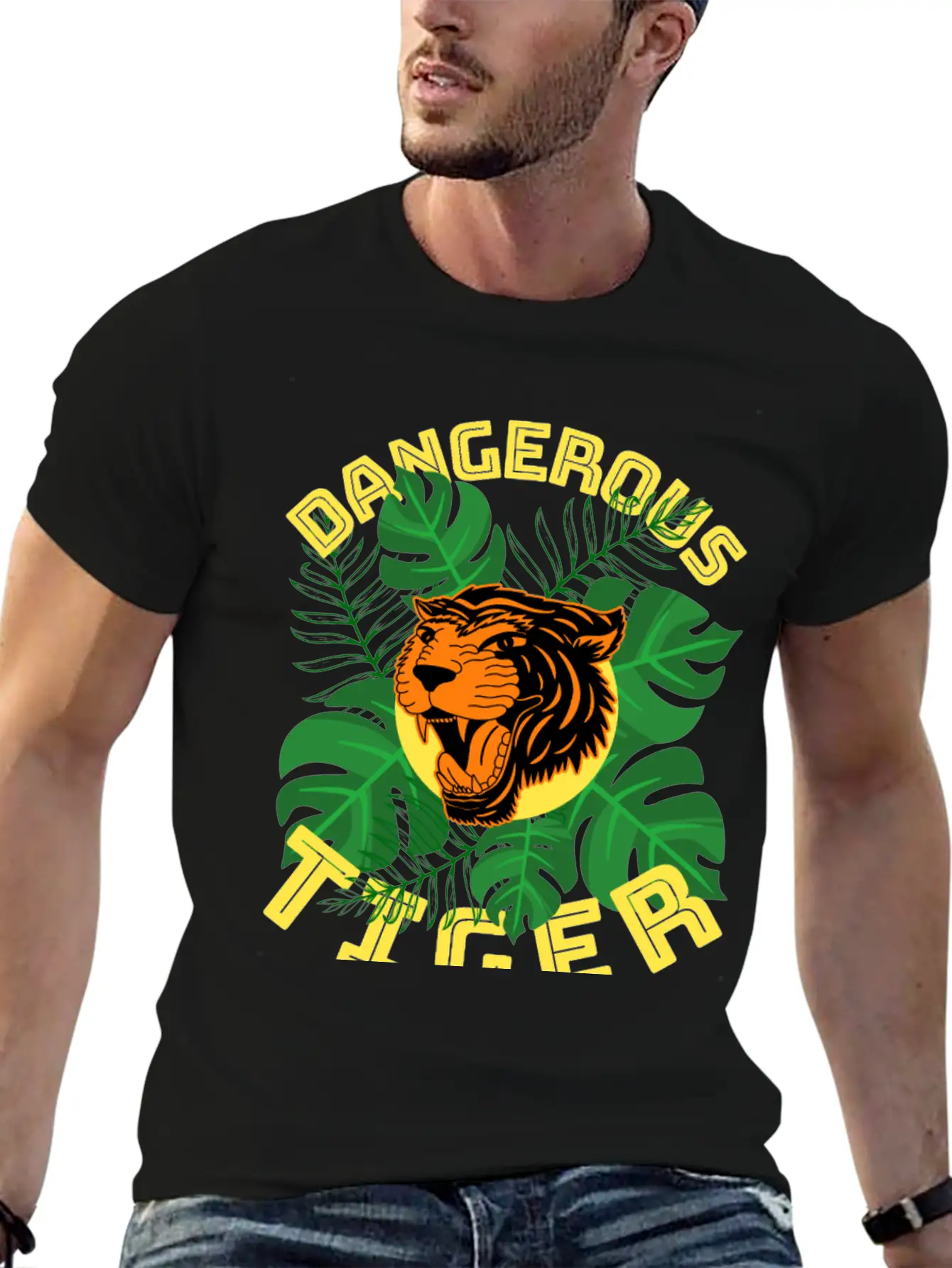 Jungle Tiger Dangerous Animal Leaves Gift Breathable Graphic T-Shirt – Perfect For Casual Days