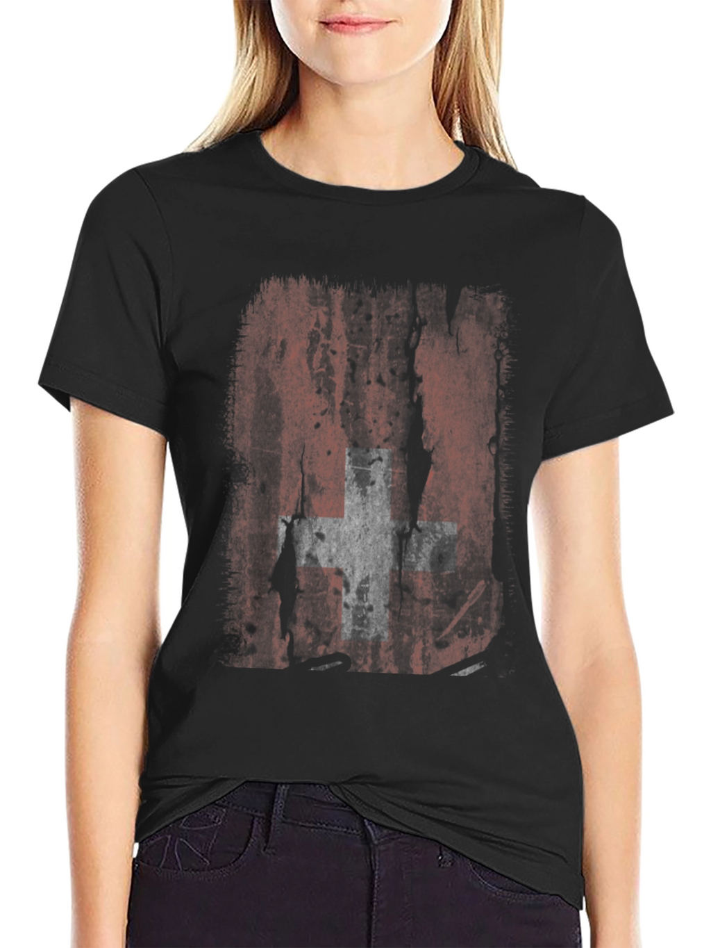 Distressed Swiss Flag Graphic Tee - Black