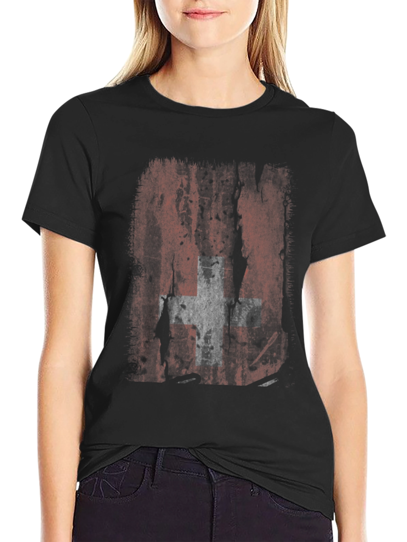 Distressed Swiss Flag Graphic Tee - Black
