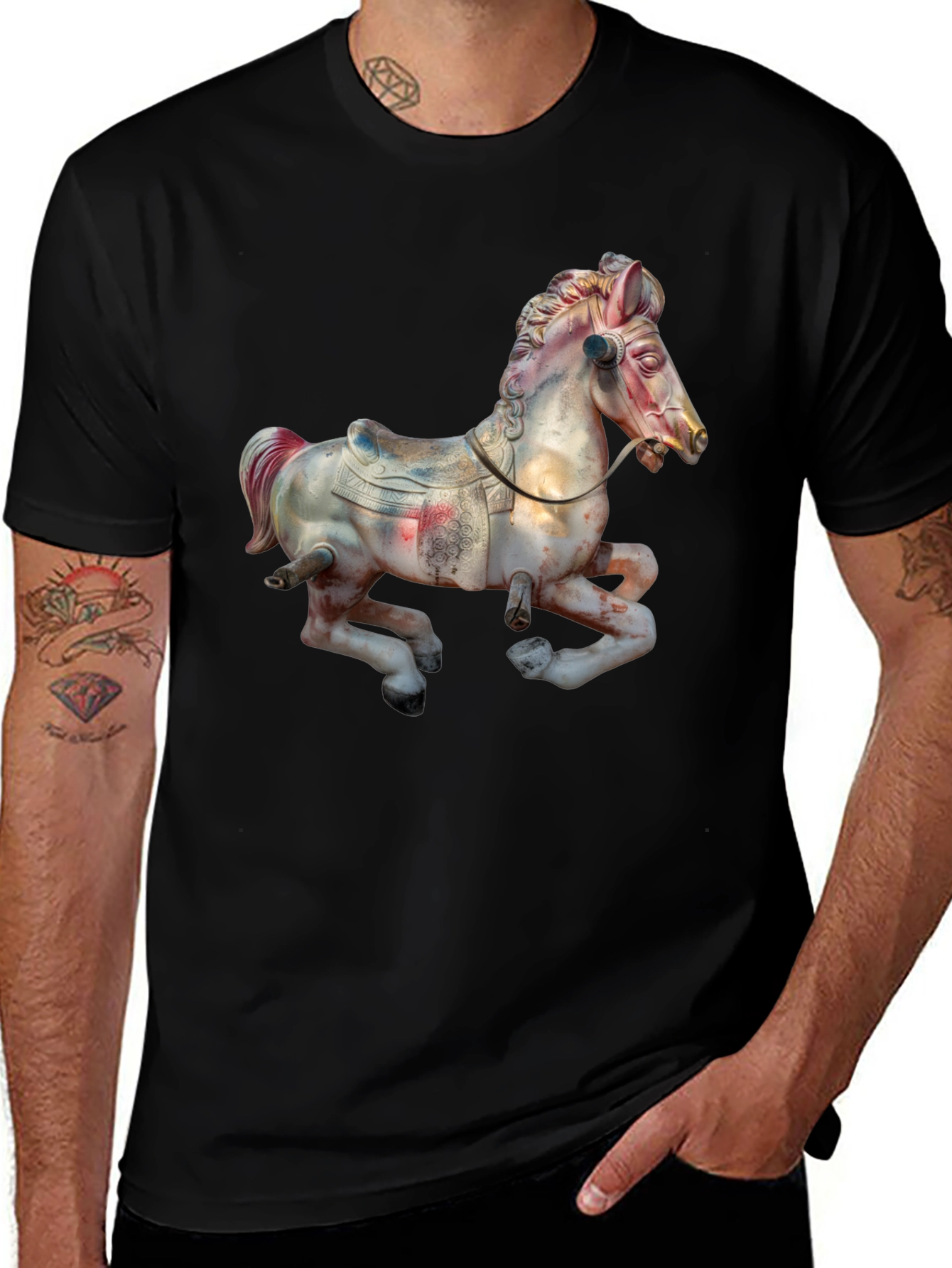 Carousel Horse Graphic Tee - Vintage Style Black T-Shirt