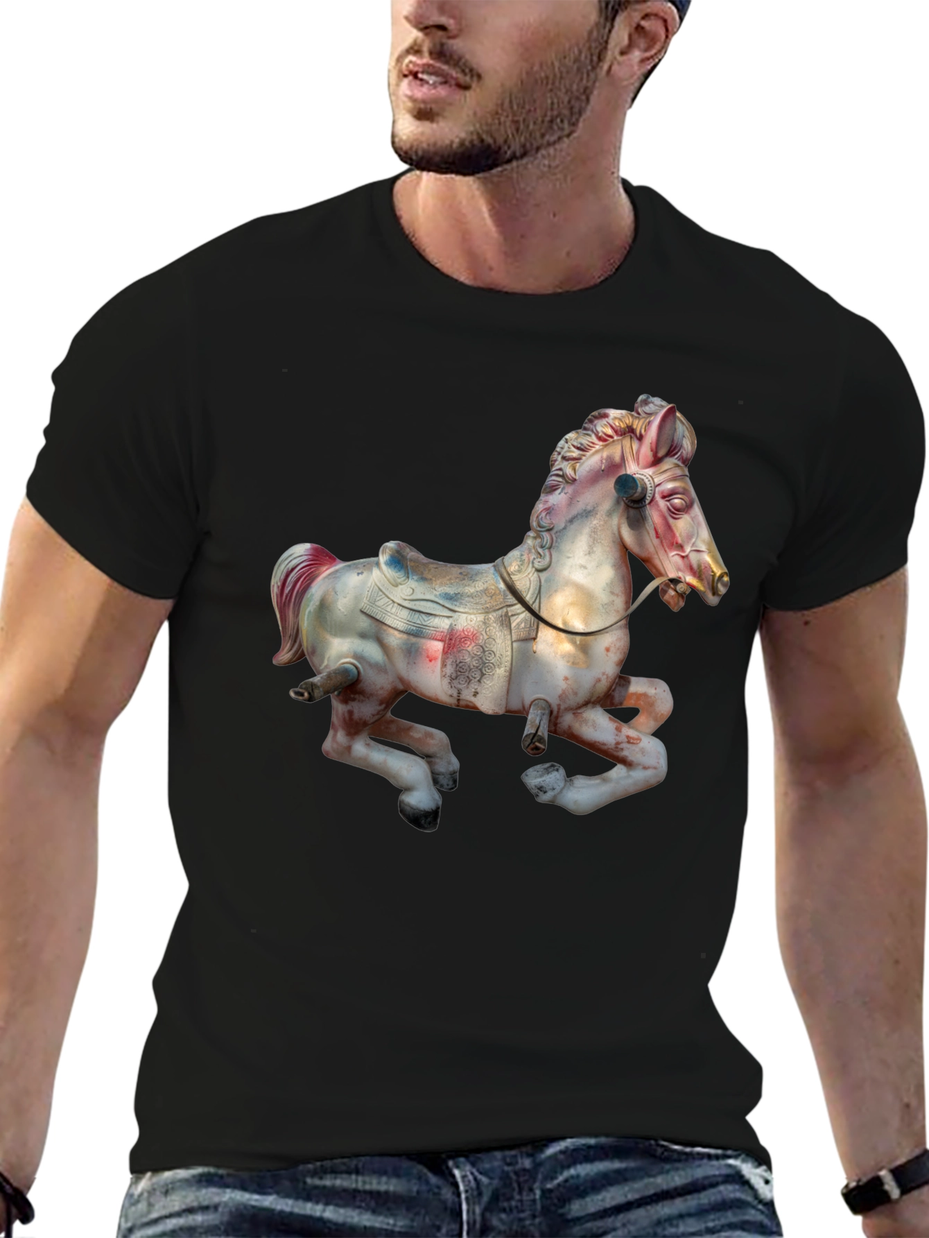 Carousel Horse Graphic Tee - Vintage Style Black T-Shirt