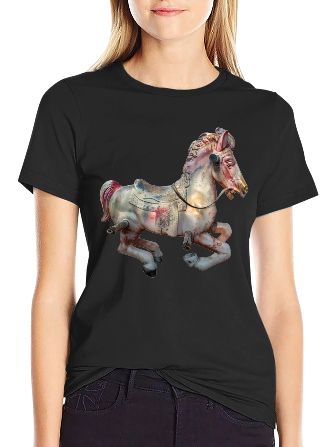 Carousel Horse Graphic Tee - Vintage Style Black T-Shirt
