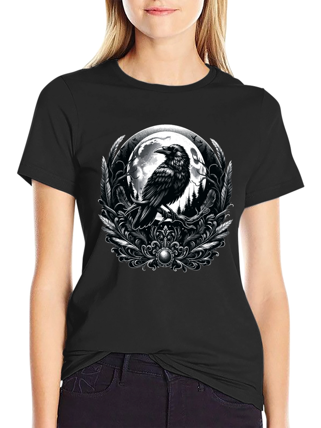 Raven Moon Graphic Tee - Gothic Style Black T-Shirt