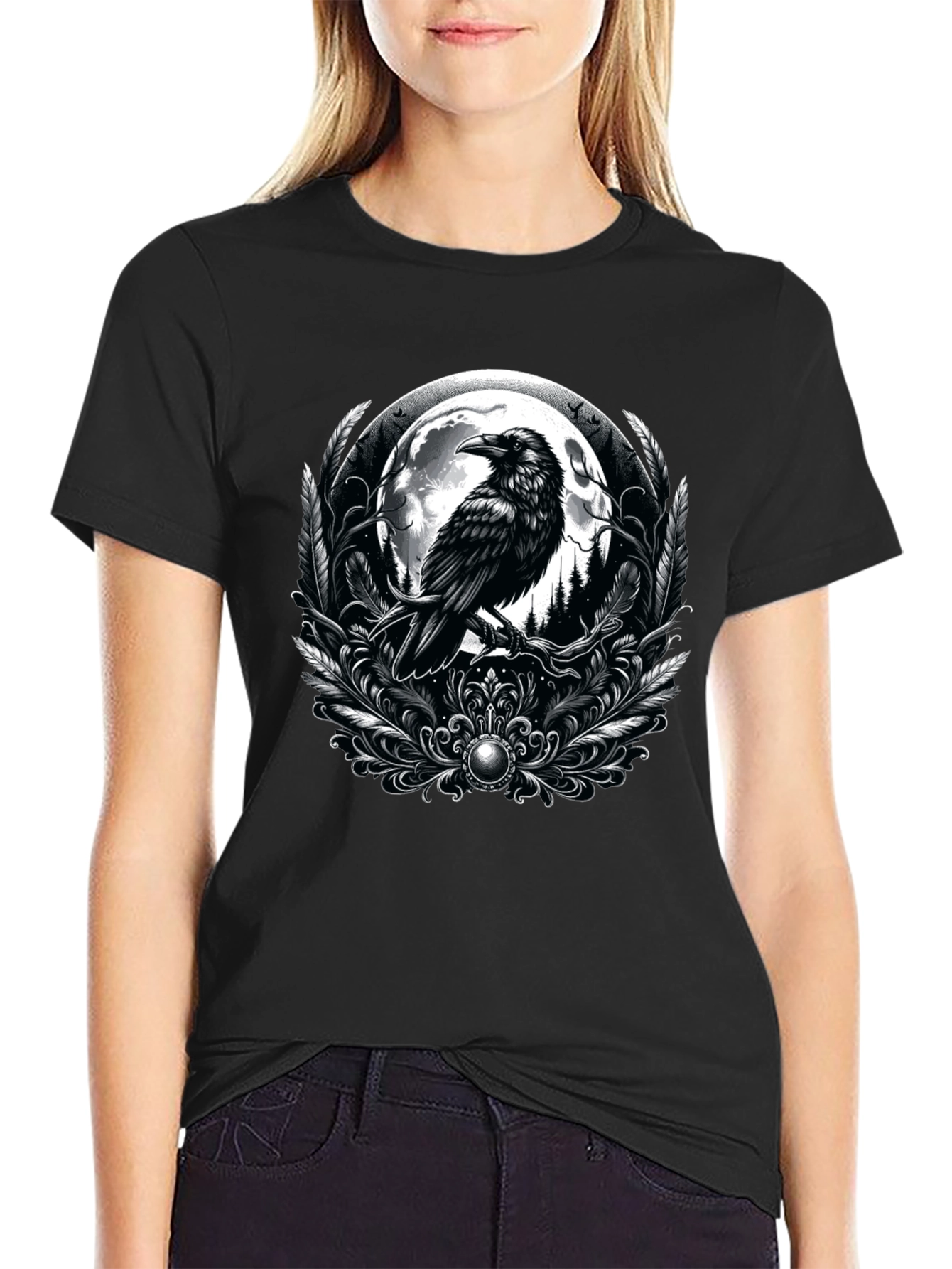 Raven Moon Graphic Tee - Gothic Style Black T-Shirt