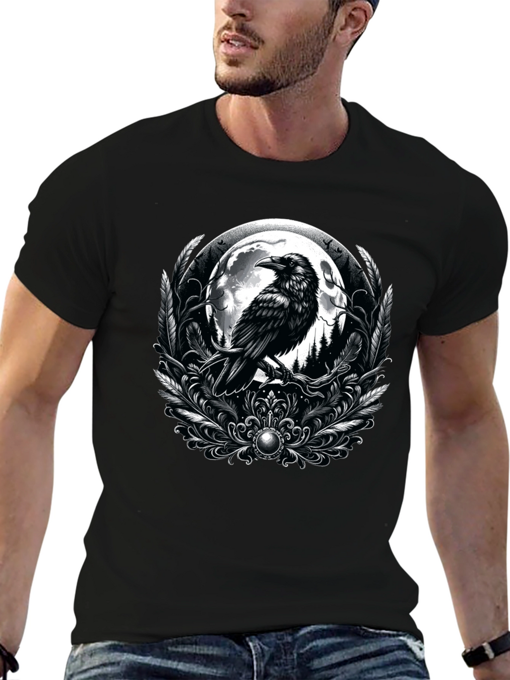 Raven Moon Graphic Tee - Gothic Style Black T-Shirt