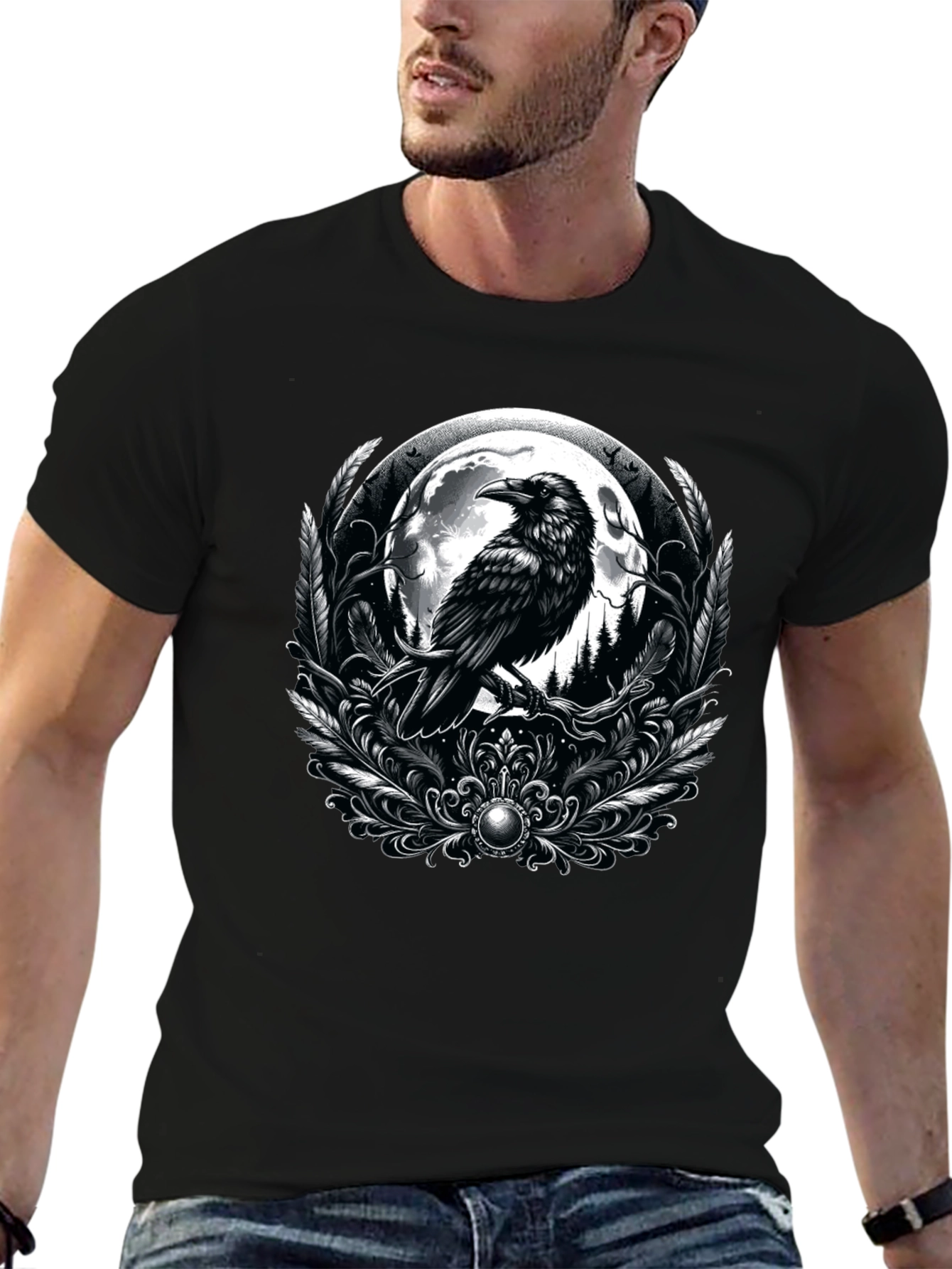 Raven Moon Graphic Tee - Gothic Style Black T-Shirt