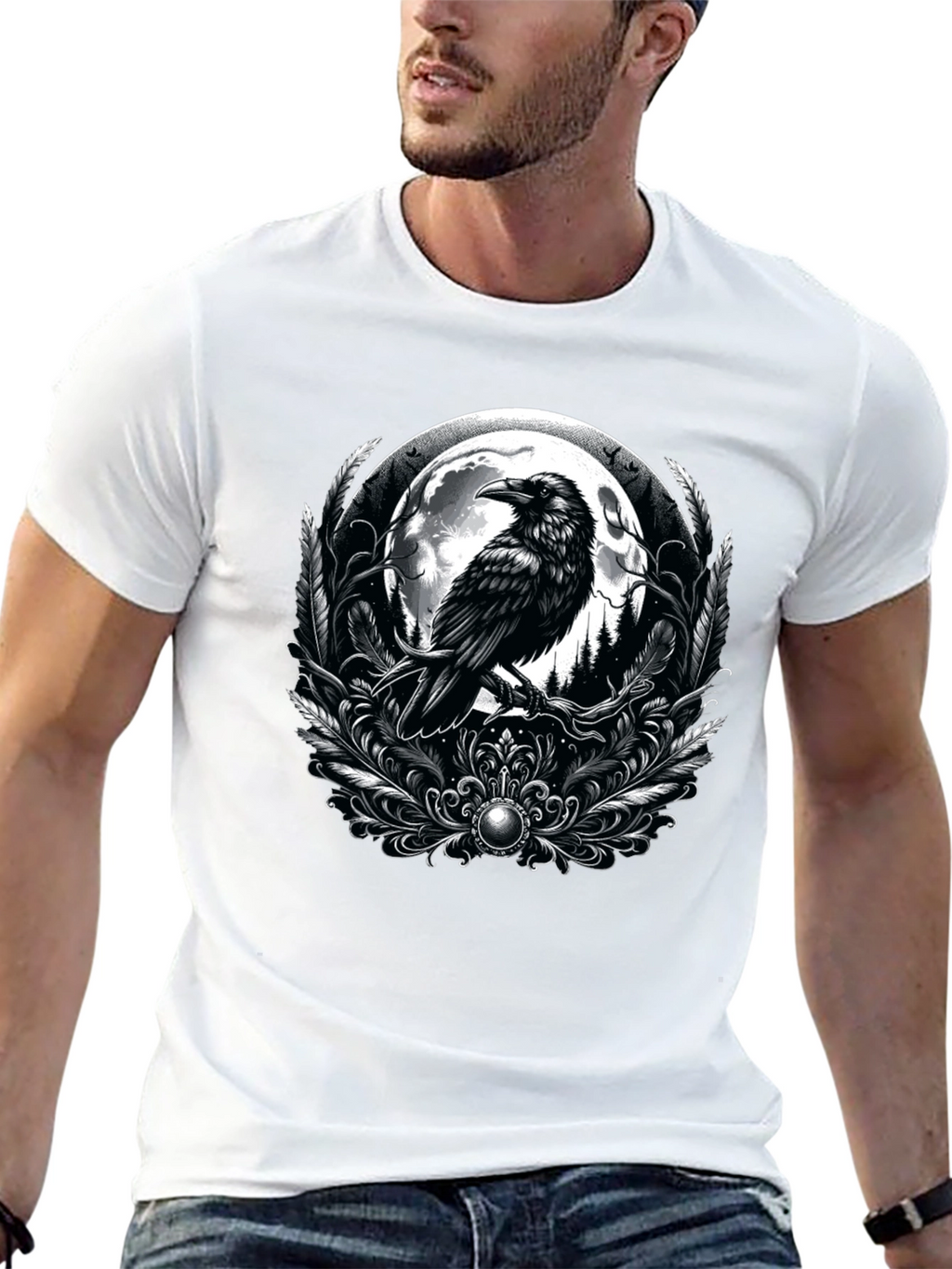 Raven Moon Graphic Tee - Gothic Style Black T-Shirt