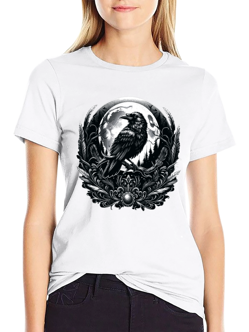 Raven Moon Graphic Tee - Gothic Style Black T-Shirt