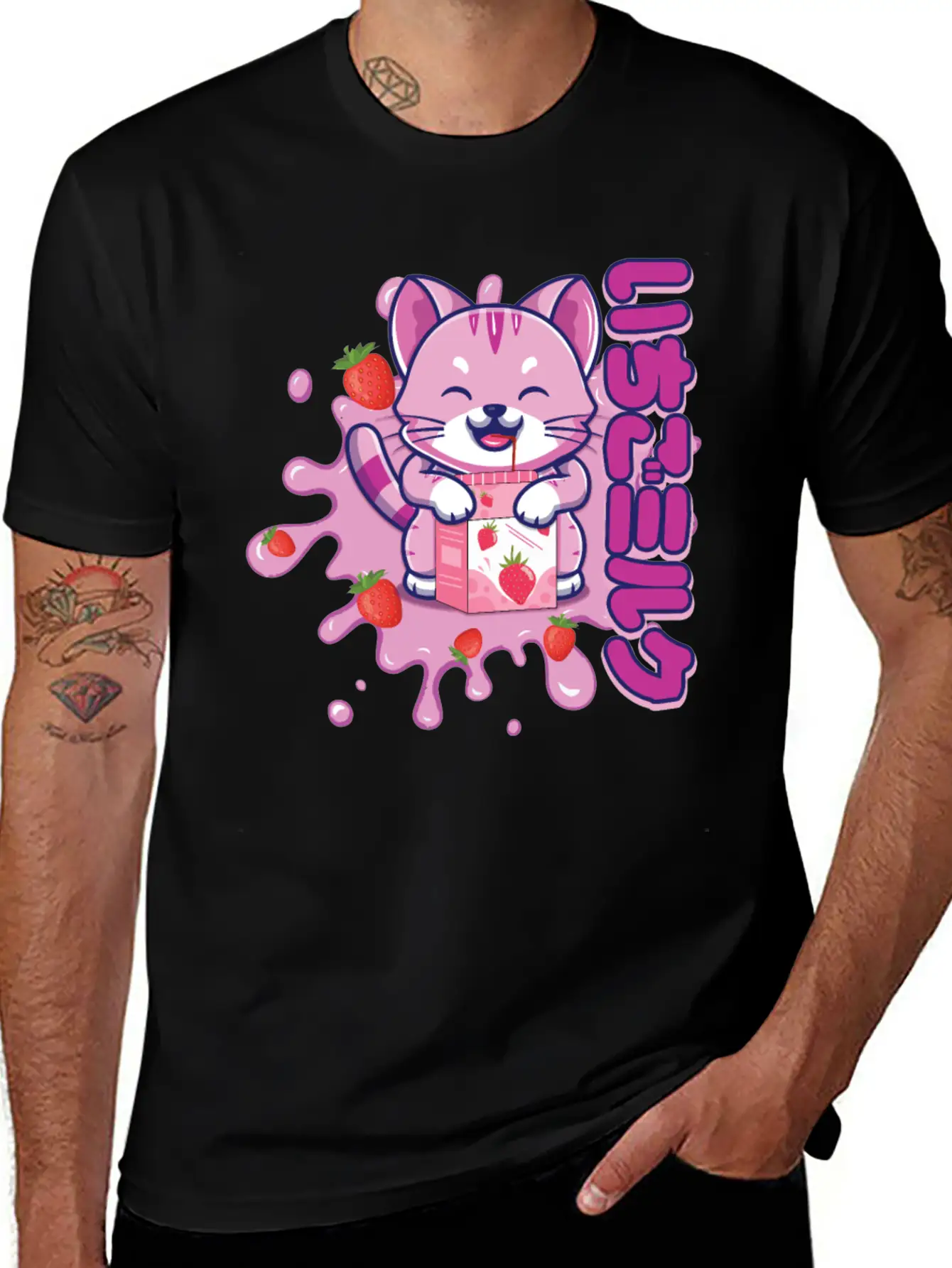 Kawaii Cat Cute Anime Japanese Strawberry Milk Breathable Graphic T-Shirt – Perfect For Casual Days