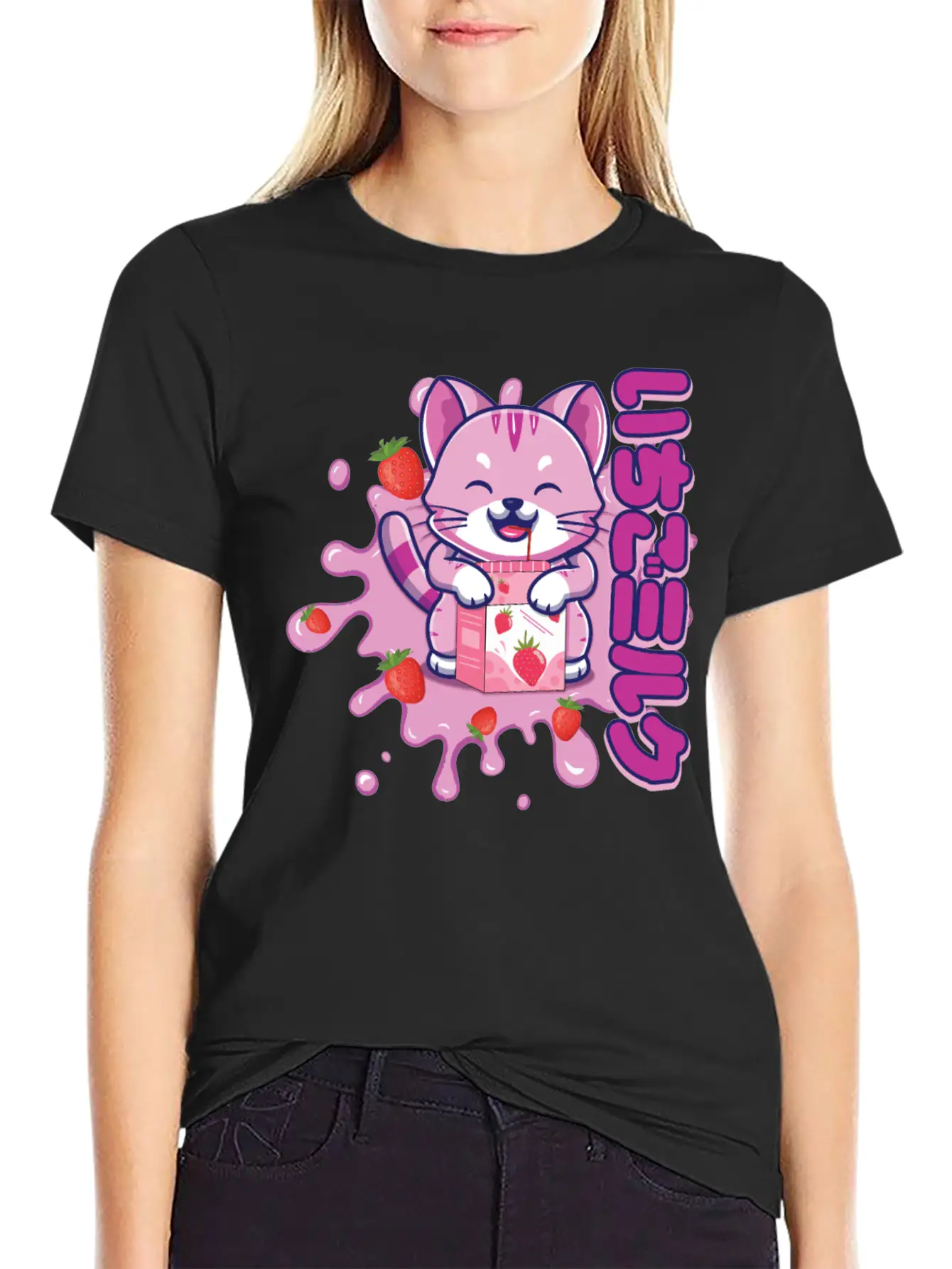 Kawaii Cat Cute Anime Japanese Strawberry Milk Breathable Graphic T-Shirt – Perfect For Casual Days