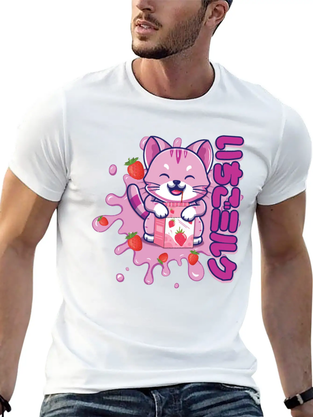 Kawaii Cat Cute Anime Japanese Strawberry Milk Breathable Graphic T-Shirt – Perfect For Casual Days