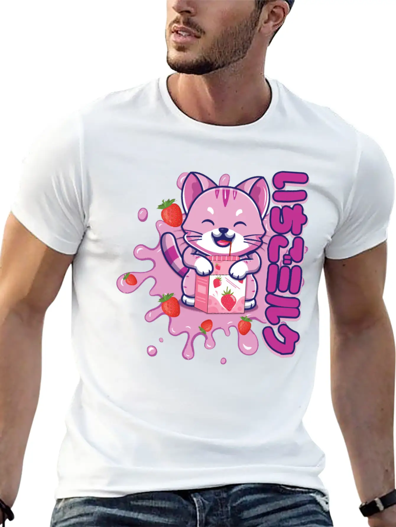 Kawaii Cat Cute Anime Japanese Strawberry Milk Breathable Graphic T-Shirt – Perfect For Casual Days