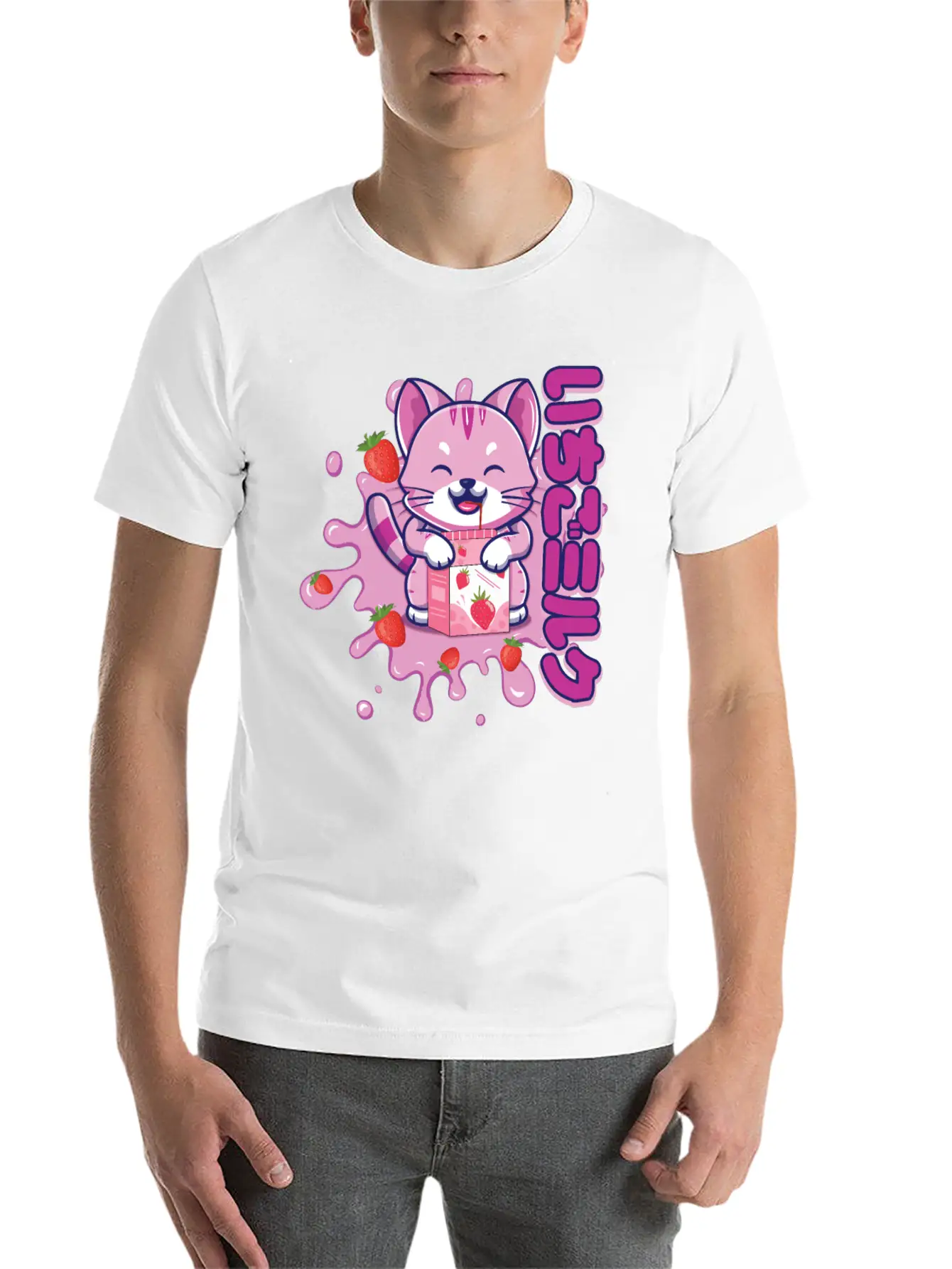 Kawaii Cat Cute Anime Japanese Strawberry Milk Breathable Graphic T-Shirt – Perfect For Casual Days