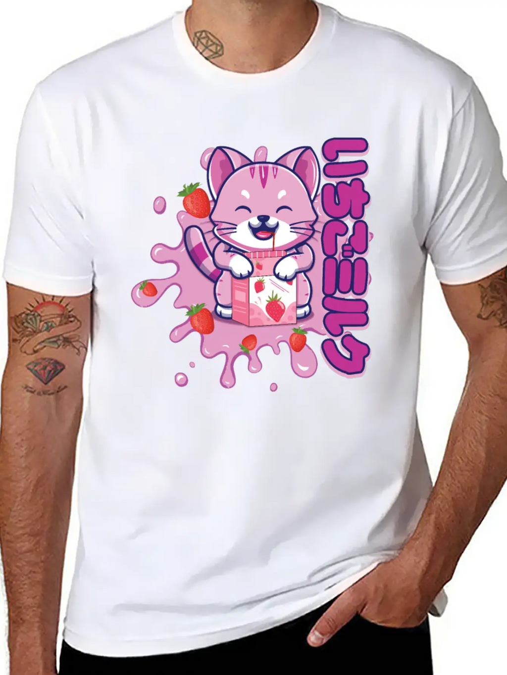 Kawaii Cat Cute Anime Japanese Strawberry Milk Breathable Graphic T-Shirt – Perfect For Casual Days
