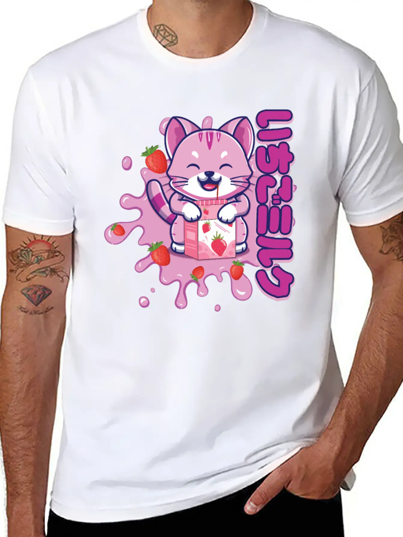 Kawaii Cat Cute Anime Japanese Strawberry Milk Breathable Graphic T-Shirt – Perfect For Casual Days
