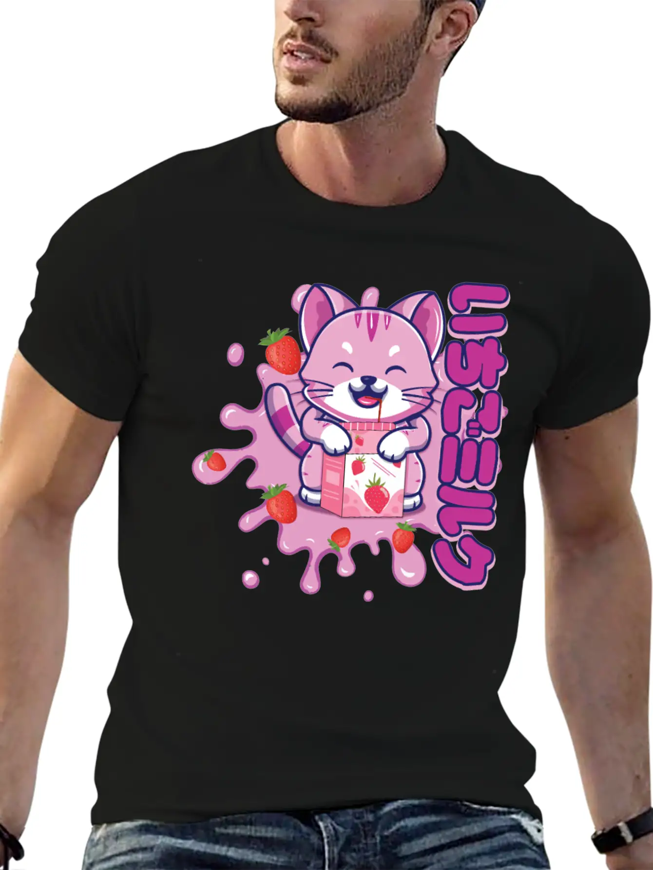 Kawaii Cat Cute Anime Japanese Strawberry Milk Breathable Graphic T-Shirt – Perfect For Casual Days