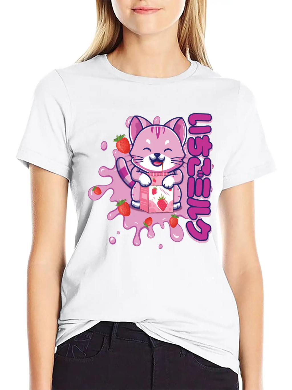 Kawaii Cat Cute Anime Japanese Strawberry Milk Breathable Graphic T-Shirt – Perfect For Casual Days