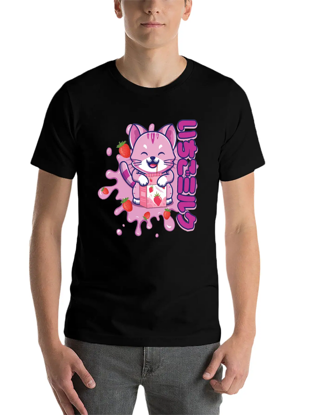 Kawaii Cat Cute Anime Japanese Strawberry Milk Breathable Graphic T-Shirt – Perfect For Casual Days