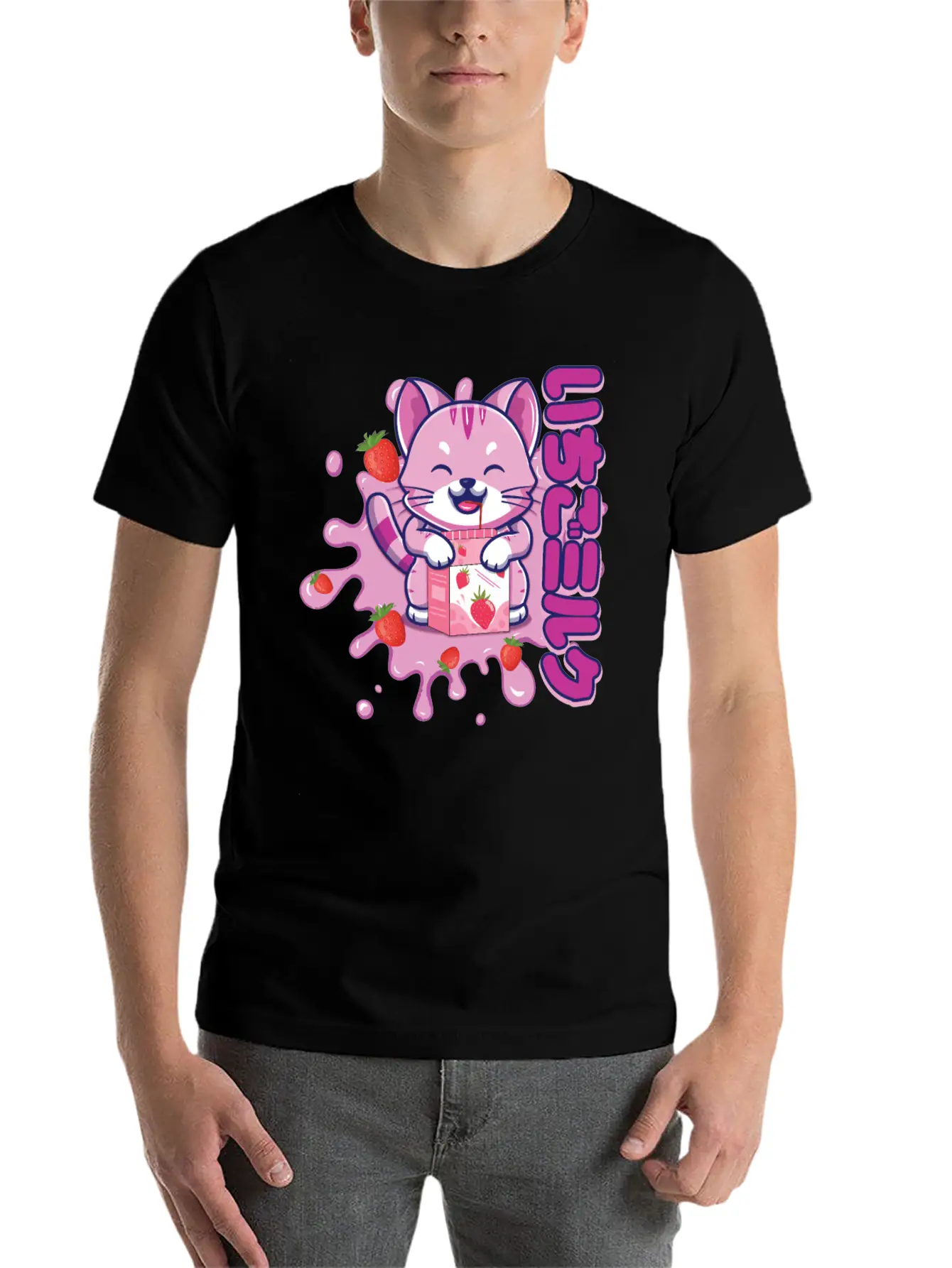 Kawaii Cat Cute Anime Japanese Strawberry Milk Breathable Graphic T-Shirt – Perfect For Casual Days