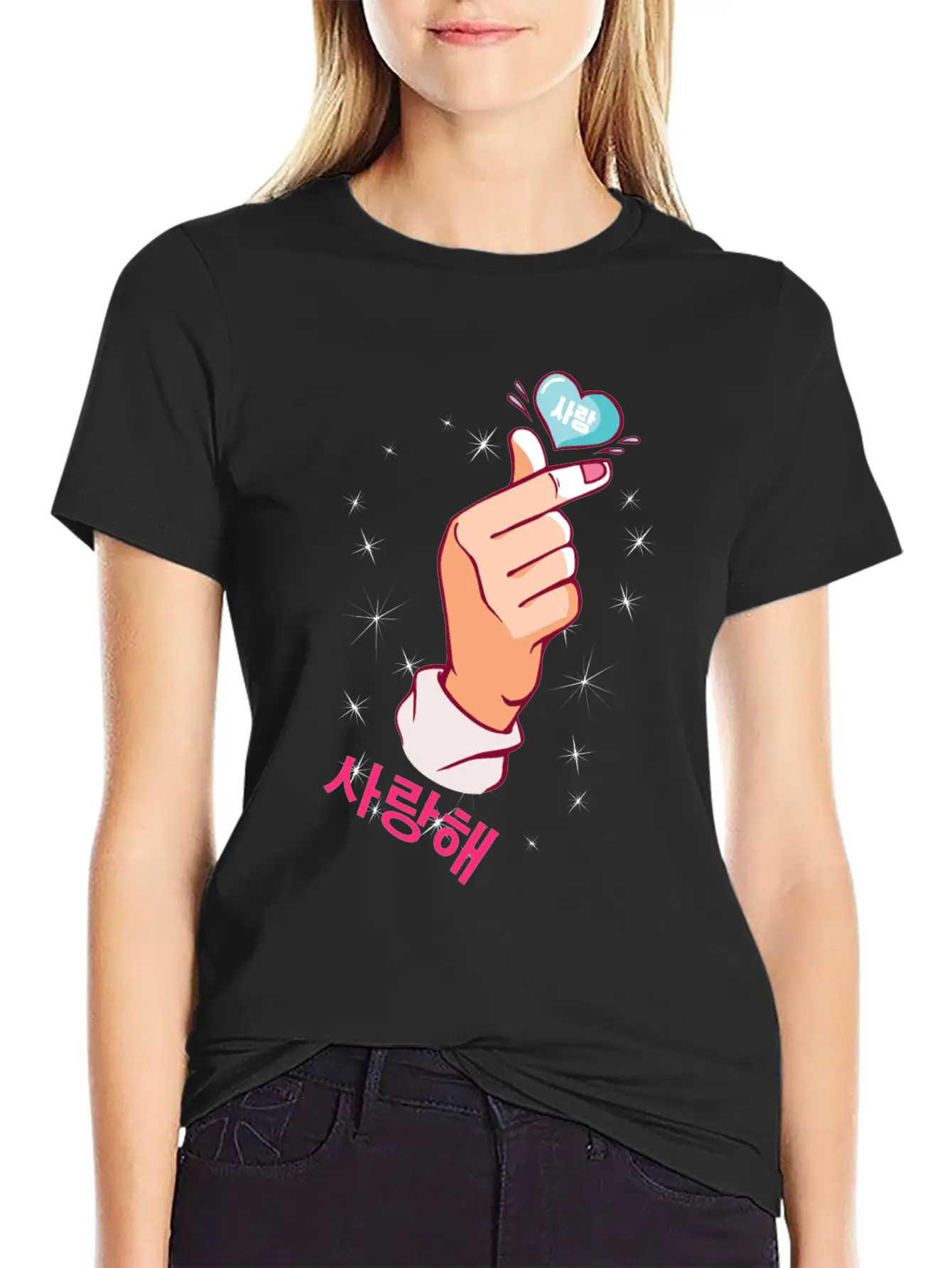 Kawaii Saranghae Korean Finger Heart K-Pop Kdrama Basic Graphic T-Shirt – Daily Comfort In Soft Cotton