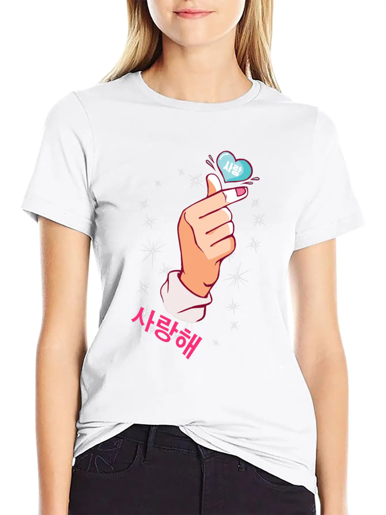 Kawaii Saranghae Korean Finger Heart K-Pop Kdrama Basic Graphic T-Shirt – Daily Comfort In Soft Cotton