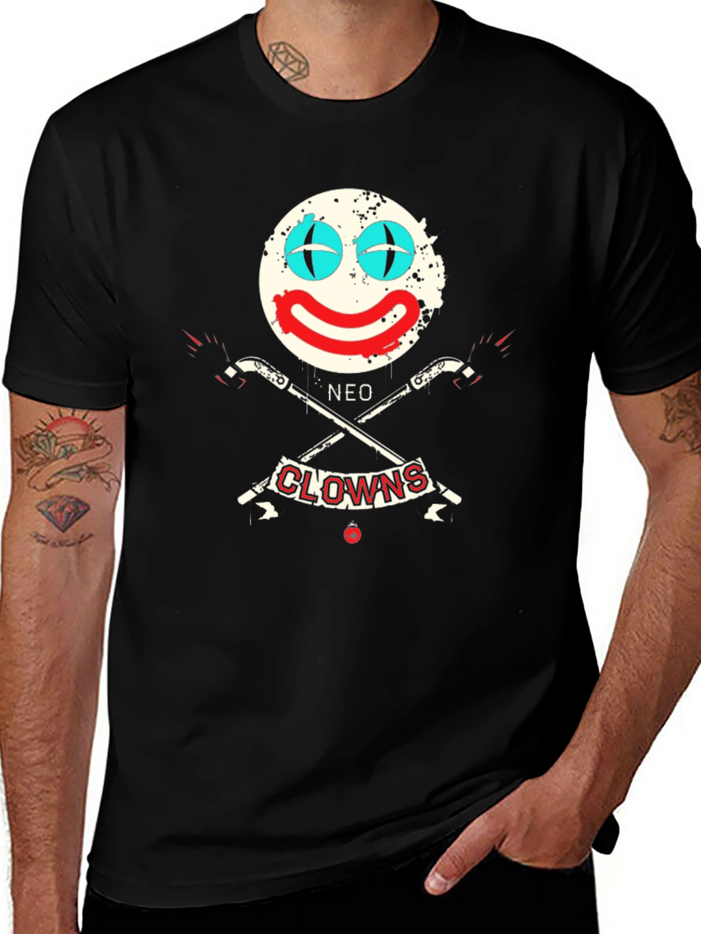 Neo Clowns Graphic Tee - Skull & Guns Design