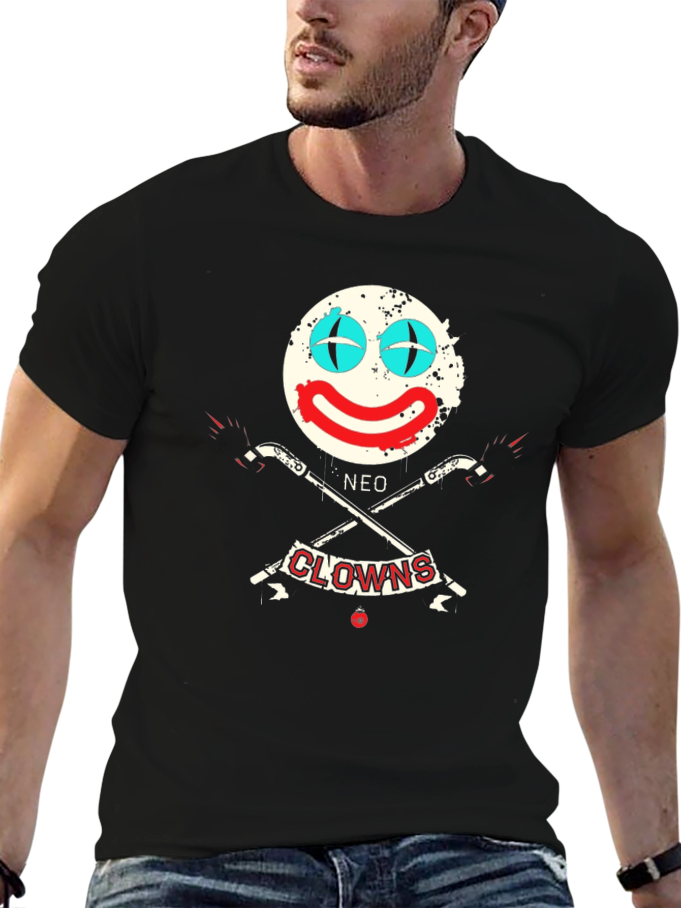 Neo Clowns Graphic Tee - Skull & Guns Design