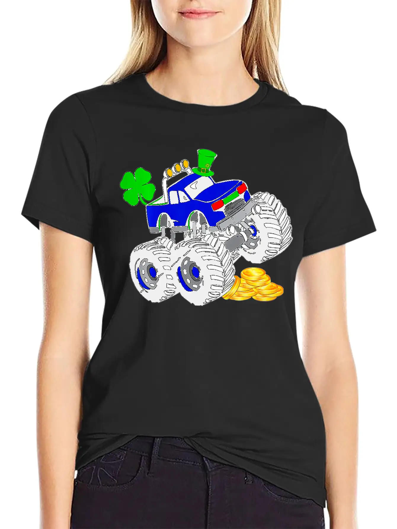 Kids Saint Patricks Day Monster Truck Shamrock Breathable Graphic T-Shirt – Perfect For Casual Days