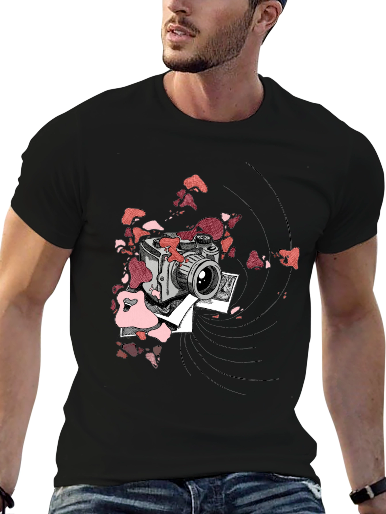 Retro Camera Graphic Tee - Black Cotton T-Shirt