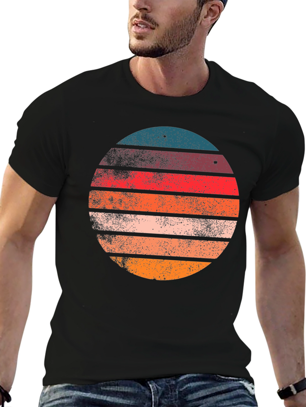 Retro Sunset Circle Graphic T-Shirt - Black