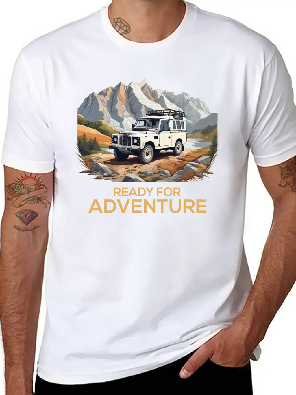 Land Rover Truck With Mountains Design Stylish Everyday T-Shirt – Unisex Basic Cotton Tee